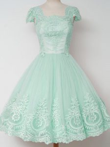 Apple Green Court Dresses for Sweet 16 Prom and Party and Wedding Party with Lace Square Cap Sleeves Zipper