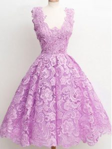 Popular Lilac A-line Straps Sleeveless Lace Knee Length Zipper Lace Quinceanera Court of Honor Dress