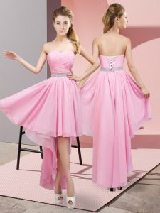 Pink Lace Up Sweetheart Beading Vestidos de Damas Chiffon Sleeveless