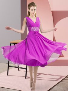 Fuchsia Chiffon Side Zipper Court Dresses for Sweet 16 Sleeveless Knee Length Beading