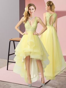 High Quality High Low Yellow Quinceanera Dama Dress Tulle Sleeveless Beading and Lace