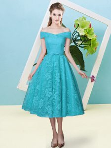Teal Cap Sleeves Bowknot Tea Length Quinceanera Court of Honor Dress