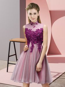 Sexy Baby Pink Empire Appliques Quinceanera Court of Honor Dress Lace Up Tulle Sleeveless Mini Length