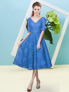 Tea Length Blue Court Dresses for Sweet 16 V-neck Half Sleeves Lace Up