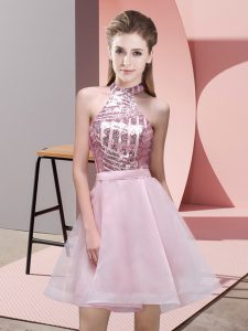 Pink A-line Chiffon Halter Top Sleeveless Sequins Mini Length Backless Vestidos de Damas