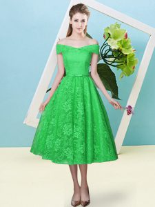 Shining Tea Length Green Dama Dress Lace Cap Sleeves Bowknot