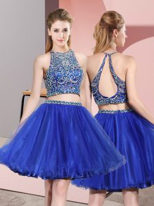 Modest Scoop Sleeveless Court Dresses for Sweet 16 Mini Length Beading Royal Blue Tulle