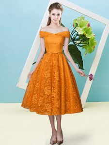 Tea Length Lace Up Quinceanera Court Dresses Orange Red for Prom and Party and Wedding Party with Bowknot