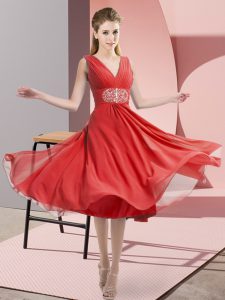 Knee Length Empire Sleeveless Coral Red Quinceanera Court Dresses Side Zipper