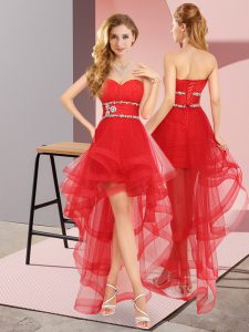 Custom Design A-line Court Dresses for Sweet 16 Red Sweetheart Tulle Sleeveless High Low Lace Up
