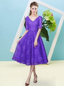 Elegant Half Sleeves Lace Up Tea Length Bowknot Court Dresses for Sweet 16