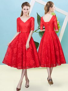 Red V-neck Neckline Bowknot Dama Dress for Quinceanera Half Sleeves Lace Up