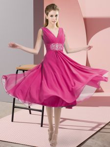 Knee Length Hot Pink Court Dresses for Sweet 16 Chiffon Sleeveless Beading
