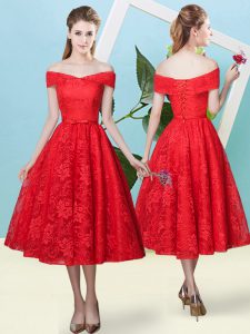 Beauteous Tea Length Red Dama Dress Lace Cap Sleeves Bowknot