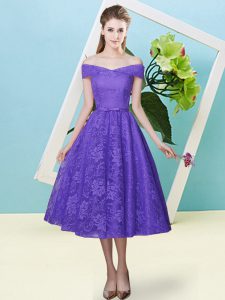 Lavender Off The Shoulder Neckline Bowknot Quinceanera Dama Dress Cap Sleeves Lace Up