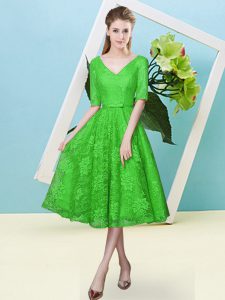 Chic Green Half Sleeves Bowknot Tea Length Quinceanera Court of Honor Dress