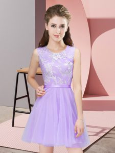 Nice Lavender Quinceanera Court of Honor Dress Prom and Party and Wedding Party with Lace Scoop Sleeveless Side Zipper