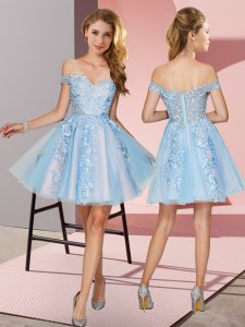Spectacular Sleeveless Mini Length Appliques Zipper Quinceanera Court of Honor Dress with Light Blue