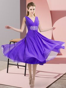 Lavender Empire V-neck Sleeveless Chiffon Knee Length Side Zipper Beading Court Dresses for Sweet 16