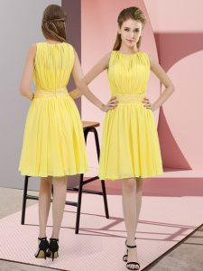 Fabulous Scoop Sleeveless Damas Dress Knee Length Sequins Yellow Chiffon