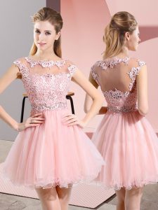 Most Popular Baby Pink Side Zipper Scoop Beading and Lace Vestidos de Damas Tulle Sleeveless