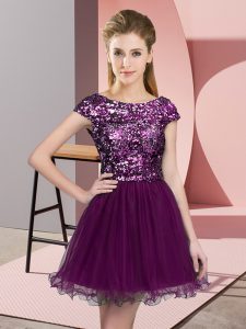 Great Purple Vestidos de Damas Prom and Party and Wedding Party with Sequins Scoop Cap Sleeves Zipper