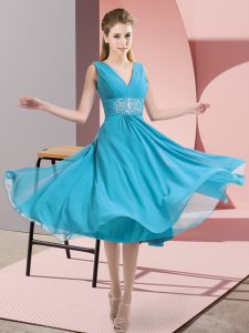 On Sale Chiffon V-neck Sleeveless Side Zipper Beading Court Dresses for Sweet 16 in Aqua Blue