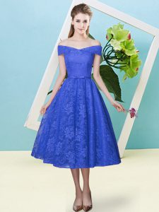 Blue Lace Lace Up Off The Shoulder Cap Sleeves Tea Length Quinceanera Dama Dress Bowknot