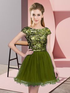 Mini Length Olive Green Quinceanera Court Dresses Scoop Cap Sleeves Zipper