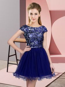 Elegant Blue A-line Tulle Scoop Cap Sleeves Sequins Mini Length Zipper Dama Dress for Quinceanera