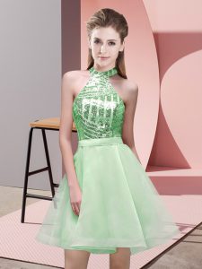 Customized Sleeveless Mini Length Sequins Backless Damas Dress with Apple Green