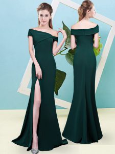 Floor Length Dark Green Quinceanera Court of Honor Dress Elastic Woven Satin Sleeveless Ruching