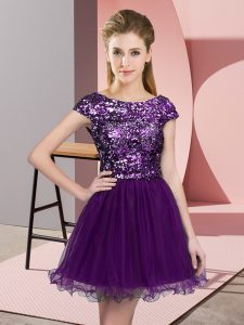 Dark Purple Cap Sleeves Sequins Mini Length Vestidos de Damas
