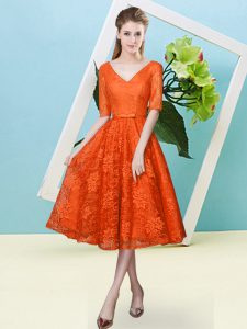 Luxurious Orange Red Lace Up V-neck Bowknot Vestidos de Damas Lace Half Sleeves