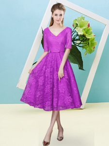 Adorable Lace Half Sleeves Tea Length Court Dresses for Sweet 16 and Bowknot
