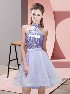 Custom Fit Lavender Chiffon Backless Quinceanera Court Dresses Sleeveless Mini Length Sequins