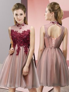 Fabulous Sleeveless Tulle Knee Length Lace Up Quinceanera Court Dresses in Peach with Appliques