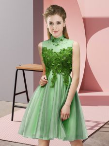 Sleeveless Tulle Knee Length Lace Up Quinceanera Dama Dress in Apple Green with Appliques