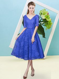 Elegant Royal Blue Half Sleeves Bowknot Tea Length Quinceanera Court Dresses