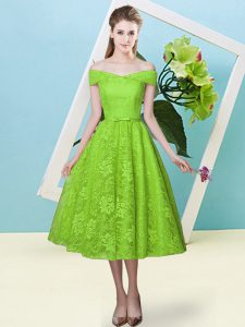 Tea Length Lace Up Quinceanera Court of Honor Dress Yellow Green for Prom and Party and Wedding Party with Bowknot