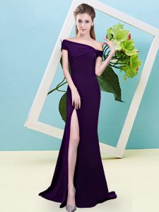 Noble Dark Purple Elastic Woven Satin Zipper Off The Shoulder Sleeveless Floor Length Court Dresses for Sweet 16 Ruching