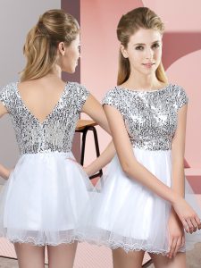 Gorgeous Mini Length White Dama Dress for Quinceanera Scoop Cap Sleeves Zipper
