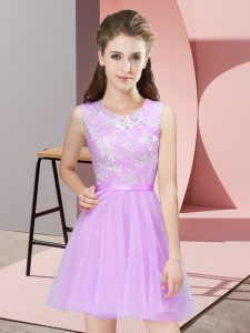 Lilac Tulle Side Zipper Vestidos de Damas Sleeveless Mini Length Lace