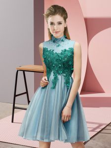 Aqua Blue Sleeveless Tulle Lace Up Quinceanera Court of Honor Dress for Prom and Party and Wedding Party