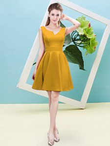 Popular Asymmetric Sleeveless Damas Dress Mini Length Ruching Gold Satin