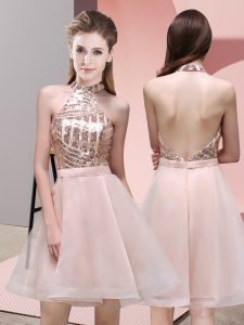Smart Baby Pink A-line Halter Top Sleeveless Chiffon Mini Length Backless Sequins Vestidos de Damas