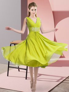 Deluxe V-neck Sleeveless Side Zipper Damas Dress Yellow Green Chiffon
