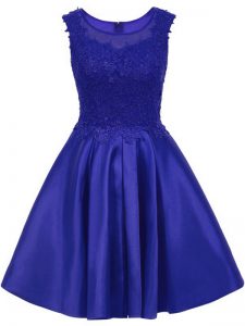 Gorgeous A-line Dama Dress for Quinceanera Blue Scoop Satin Sleeveless Mini Length Zipper