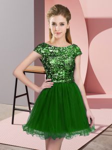 Mini Length Green Court Dresses for Sweet 16 Scoop Cap Sleeves Zipper