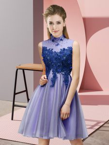 Lavender Tulle Lace Up High-neck Sleeveless Knee Length Quinceanera Court Dresses Appliques